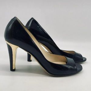 Jimmy Choo Black Patent Gold Heel Pumps Sz 36.5